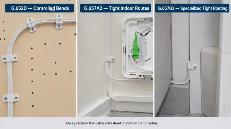 Comparison of G.652D, G.657A2 and G.657B3 fiber routing under different bending conditions Comparison of G.652D, G.657A2 and G.657B3 fiber routing under different bending conditions
