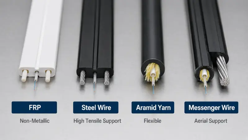 FTTH drop cable strength members including FRP, steel wire, aramid yarn and aerial messenger wire FTTH drop cable strength members including FRP, steel wire, aramid yarn and aerial messenger wire