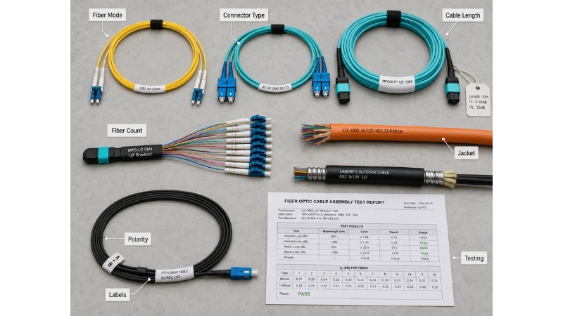 Custom fiber optic cable assembly with LC SC MPO connectors breakout legs and labels Custom fiber optic cable assembly with LC SC MPO connectors breakout legs and labels